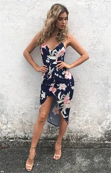 Moterų Berankovis Dirželis Gėlių Paplūdimio Vasaros Suknelė su V-kaklo Padalinta Asimetriškas Hem Suknelė Aukšto Juosmens Atostogų Šalis Trumpą Mini Suknelės