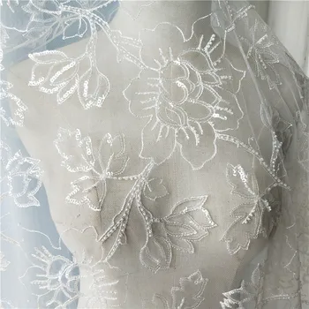 NAUJAS baltos spalvos bling-bilng blizgančiais siūlai nėrinių audinio 3D zawalcowany išsiuvinėti Šifono audiniu vestuvių suknelė / užuolaidos 