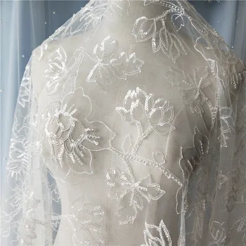 NAUJAS baltos spalvos bling-bilng blizgančiais siūlai nėrinių audinio 3D zawalcowany išsiuvinėti Šifono audiniu vestuvių suknelė / užuolaidos 