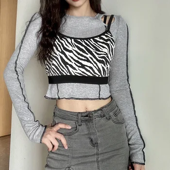 Naujas Atvykimo Mados Moterų Kratinys Viršuje Suaugusiems Seksualus Zebra-stripe Modelis ilgomis Rankovėmis Apvalios Kaklo Off-pečių T-shirt