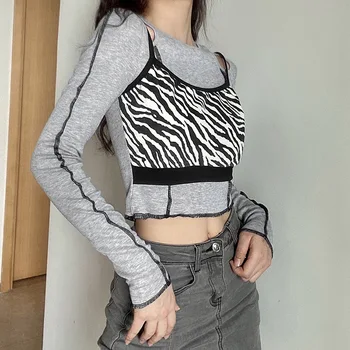 Naujas Atvykimo Mados Moterų Kratinys Viršuje Suaugusiems Seksualus Zebra-stripe Modelis ilgomis Rankovėmis Apvalios Kaklo Off-pečių T-shirt