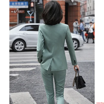Aukštos Kokybės Geltona Žalia Dryžuota Moterų Kostiumas Kelnės 2 dalių Komplektas Oficialų Elegantiškas Ponios Švarkas Švarkas Verslo, Darbo Kelnės Kostiumas