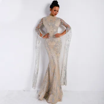 2020 M. Moteris Seksuali Aukšto Kaklo, Ilgomis Rankovėmis Padalinta Blizgučiai Suknelė Moterų Maxi Elegantiškas Šalis Suknelė