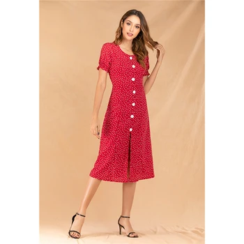 Vasaros 2020 m. naujas stiliaus suknelė mygtuką apdailos suknelė polka dot trumparankoviai moterys važinėja mados elegantiška suknelė