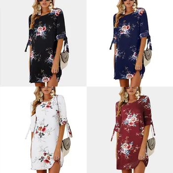 AECU AECU 2021 m. Pavasarį Elegantiškas Didelis Dydis Suknelės Bohemijos Šifono Paplūdimio Apvalios Kaklo Sundress Mini Suknelė Gėlių Spausdinti Moterų Apdaras