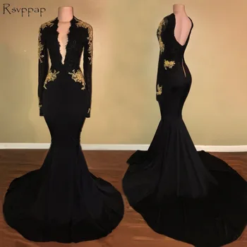 Ilgomis Rankovėmis Prom Dresses 2020 Spalvingas V-kaklo Undinė Backless Nėrinių Afrikos Black Satin Prom Dress