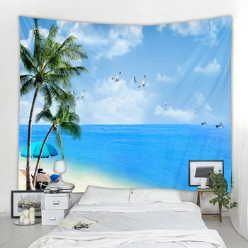 Pajūrio kraštovaizdžio gobelenas palmių mėlynas dangus, balti debesys spausdinimo sienos kabo bohemijos namų puošybai antklodė