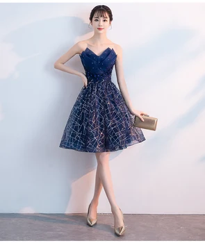 Naujas Trumpas Prom Dress Tamsiai Mėlyną Blizgučiais V Nėrinių kaklo Duobute Moterų Suknelės, Vakariniai Šalies Vestidos De Fiesta Elegantes De Gala