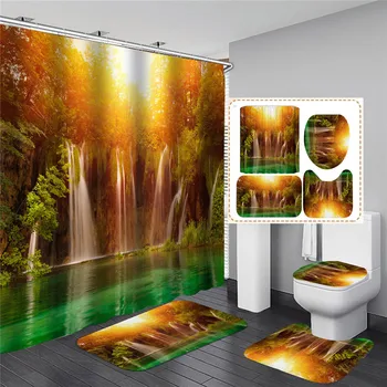 3D Krioklys Dekoracijos Vandeniui Dušo Užuolaidos Vonios kambarys Kraštovaizdžio Medžių, Gėlių Vonios Kilimėlis Nustatyti Pjedestalo Kilimas Dangčio Tualeto Dangtis