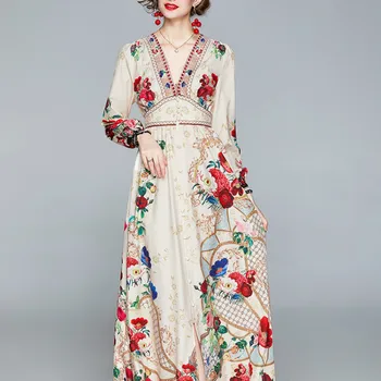 Moterų Print Dress-Line Kulkšnies-Lengthf V-Kaklo Aukštos Juosmens Ilgio Sluoksniuotos Rankovėmis Mygtuką Pusėje Ritininės Rudens Mados Moteris Derliaus Suknelės