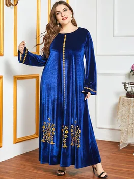 Plus Size Aksomo Aukso Siūlų Siuvinėjimai Maxi Suknelė Žiemos 2021Royal Mėlyna Moterų, O Kaklo, ilgomis Rankovėmis Kuklus Musulmonų arabų Drabužiai