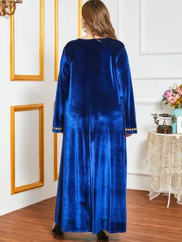 Plus Size Aksomo Aukso Siūlų Siuvinėjimai Maxi Suknelė Žiemos 2021Royal Mėlyna Moterų, O Kaklo, ilgomis Rankovėmis Kuklus Musulmonų arabų Drabužiai
