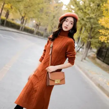 2020 Naujų Korėjos Kašmyro Megztinis Moterų Mados Office Lady Ilgomis Rankovėmis Megzti Suknelę Žiemos Šiltas Storas Vestidos Moteris