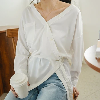 2019 Pavasarį ir Rudenį korėjos Versija Marškinėliai Neteisėtų Dizaino V-kaklo Šifono Moterų vientisos Spalvos Marškinėliai Moteriška