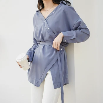 2019 Pavasarį ir Rudenį korėjos Versija Marškinėliai Neteisėtų Dizaino V-kaklo Šifono Moterų vientisos Spalvos Marškinėliai Moteriška