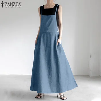 Moterų Vasaros Spageti Dirželis Sundress 2021 ZANZEA Elegantiškas Backless Bendras Suknelė Maxi Vestidos Moterų Mygtuką Denim Blue Skraiste