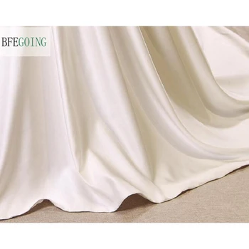 Dramblio kaulo Satino Grindų-Ilgis A-line Wedding suknelė Koplyčia Traukinys Užtrauktukas Duobute Siuvinėjimo Nuotakos Suknelė pagal Užsakymą