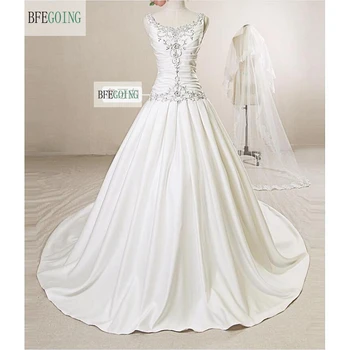 Dramblio kaulo Satino Grindų-Ilgis A-line Wedding suknelė Koplyčia Traukinys Užtrauktukas Duobute Siuvinėjimo Nuotakos Suknelė pagal Užsakymą