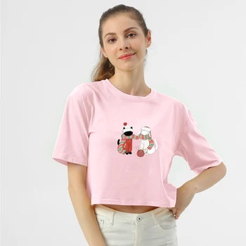 Kpop Cute Kačių Spausdinti Moterų Marškinėlius Atsitiktinis Juokinga Pasėlių Marškinėliai Lady Viršūnės T-shirt Estetinės Moterų Clothin Kawaii Grafinis Tees