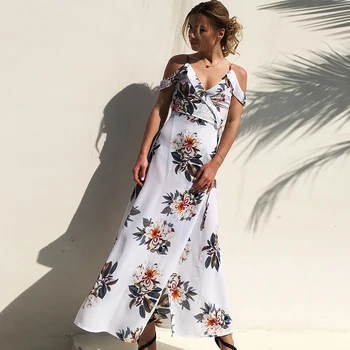 Ilgas Berankovis Stilius Moterų Suknelė v kaklo Spausdinti Paplūdimio 2020 Metų Vasaros Gėlių Maxi Juosmens Seksualus Prarasti Dydis Atsitiktinis Mados Aukštos suknelės