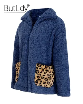 Atlapas Su Užtrauktuku, Leopardas Spausdinimui Paltai Moterims Rudens Žiemos 2019 Naujas Stilius Kišenėje Vilnos Kailis Susiuvimo Ilgomis Rankovėmis Moteris, Paltai