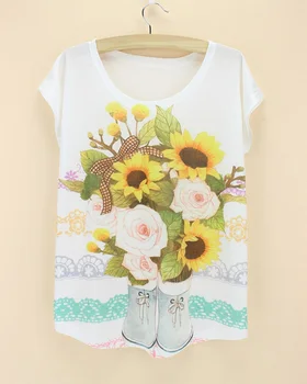 Batai vaza gėlių spausdinti į viršų drabužių moterų trumpomis rankovėmis tee marškinėliai vakarų ponios summer tee suvenyrinius marškinėlius nemokamas pristatymas