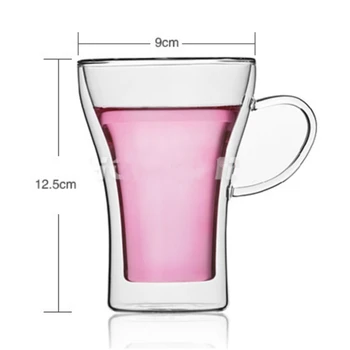 300ml dvigubo sluoksnio pieno puodelis su rankena Kūrybos pusryčiai taurės Skaidraus stiklo gėlių taurės Mados kavos puodelio