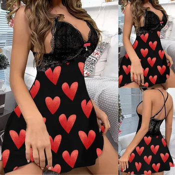 Moterų Mados Seksualus Nightdress Nėrinių Sleepwear Lrregular Spausdinti Ponios Valentino Diena Pižamą Pijama Mujer Encaje