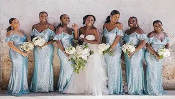 Baby Blue Seksualus Afrikos Blizgučiais, Plius Dydis Undinė Bridesmaid Dresses Ilgai Spagečiai Dirželiai Tarnaitė Garbės Chalatai Vestuvės