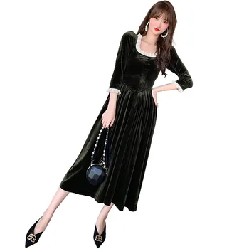 Rudenį Hepburn Stiliaus Aksomo Suknelė Moterims Atsitiktinis Elegantiška Linija Ponios Suknelė trijų ketvirčių rankovėmis Saldus Mielas Suknelės Moteris
