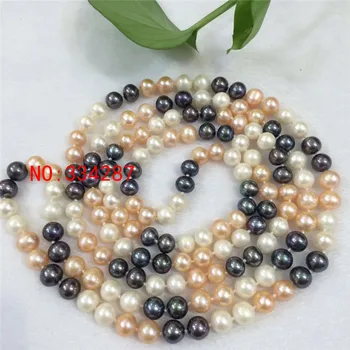 Nauji ilgi natūralūs gėlavandenių perlų vėrinį balta rausva juoda spalvotų karoliai 8-9MM AA 50 colių Ilgio megztinis grandinės