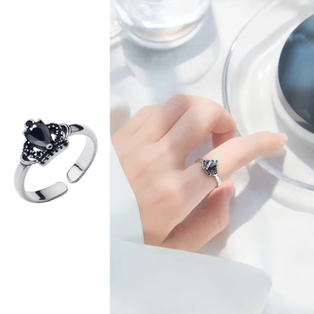 Mocanie Nekilnojamojo 925 Sterlingas Sidabro Šviesą Black Crystal Elegantiškos Karūnos Atidarykite Reguliuojamas Piršto Žiedą, Moterims Fine Jewelry 2020 Metų