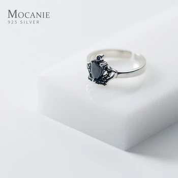 Mocanie Nekilnojamojo 925 Sterlingas Sidabro Šviesą Black Crystal Elegantiškos Karūnos Atidarykite Reguliuojamas Piršto Žiedą, Moterims Fine Jewelry 2020 Metų