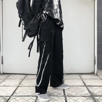 Rudenį Naujų Harajuku Tamsiai Departamento Moterų drabužiai Hasp žiedas didelis grandinės sujungimo kišenėje vienodas atsitiktinis plataus kojomis kelnės