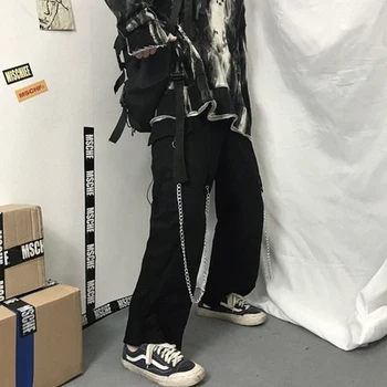 Rudenį Naujų Harajuku Tamsiai Departamento Moterų drabužiai Hasp žiedas didelis grandinės sujungimo kišenėje vienodas atsitiktinis plataus kojomis kelnės