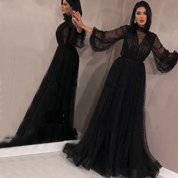 Juoda Musulmonų Vakaro Suknelės 2020-line ilgomis Rankovėmis Tiulio Perlai Ilgai Islamo Dubajus, Saudo arabų Ilgai Oficialų Vakare Gown