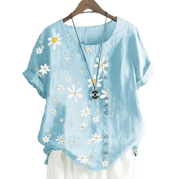 Moterų 2021 m. Vasaros Ramunės Spausdinti Palaidinė Marškiniai, Elegantiškas Trumpas Rankovės Sagos puloveris Viršūnes 2XL Atsitiktinis O-Kaklo Lady Blusa